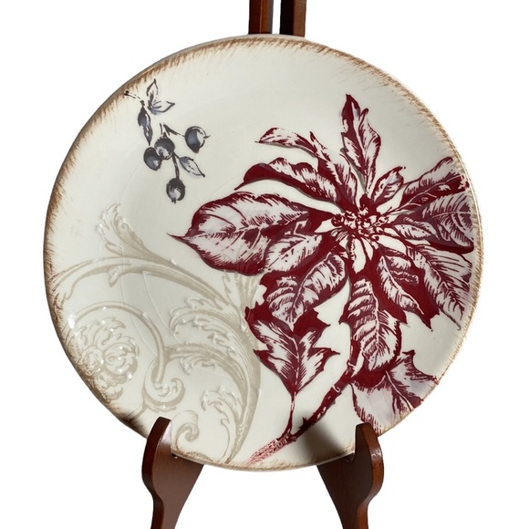 3 William Sonoma Winter Toile 2011 Salad Plates Holly Pomegranate & Poinsettia - Picture 3 of 9